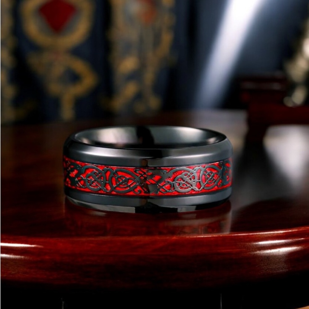 Tungsten Carbide Beveled Edge Celtic Dragon Inlay Ring Size 13